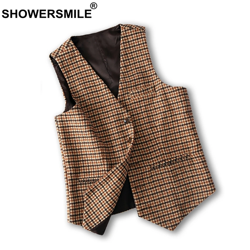 SHOWERSMILE, клетчатый жилет, мужской твидовый жилет, гусиная лапка, верблюжий костюм, жилет, мужской приталенный, осень, Англия, повседневная одежда