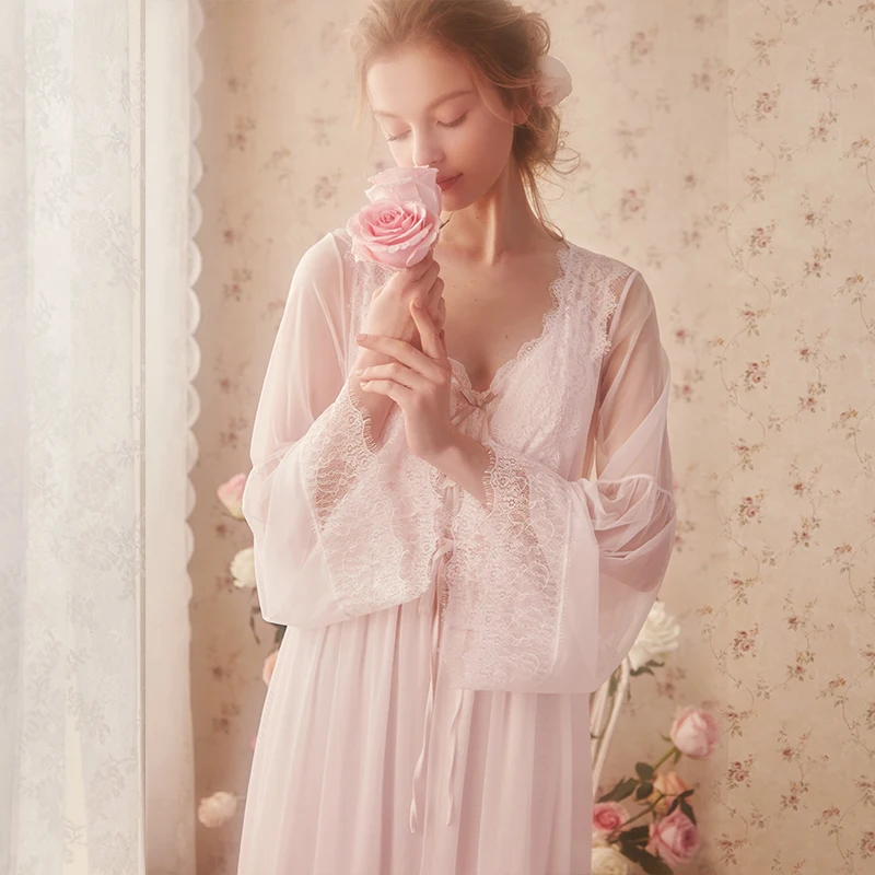 pink robe Кружевной Халат женский халат невесты длинный сексуальный халат розовый белый - Цвет: pink robe