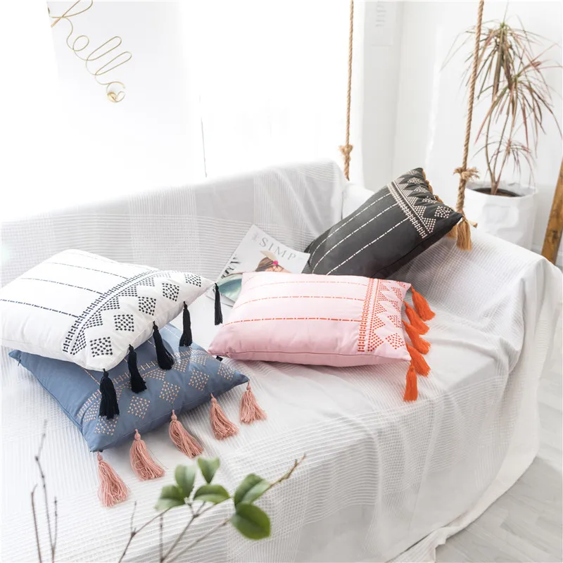 Spring Cushion Cover Pink Blue Black White Home Decorative Embroidery Tassels Pillow Cover for Home Sofa Bed Rectangle 38x48cm