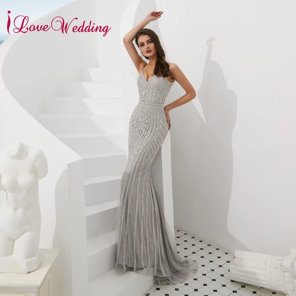 ILoveWedding Vestido de festa великолепные v-образный вырез на тонких бретелях серые расшитые блестками Длинные вечерние платья Русалка