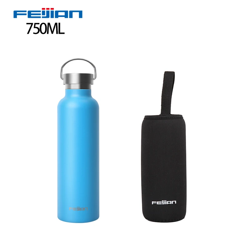 bottle with sleeve FEIJIAN Спортивная бутылка для воды из нержавеющей стали с двойными стенками, вакуумная изоляционная герметичная для путешествий, велоспорта, пеших прогулок, кемпинга - Цвет: bottle with sleeve
