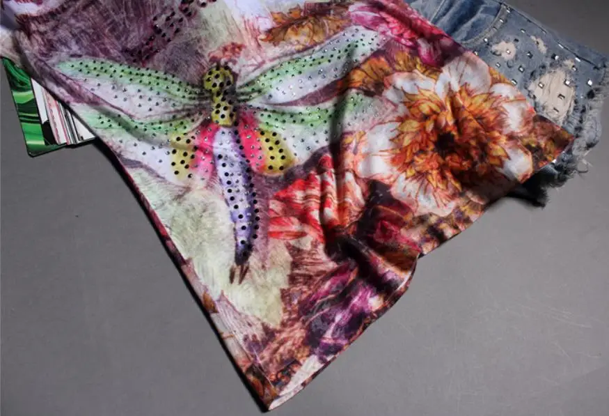 2021 Summer new silk fashion diamond printed dragonfly butterfly slim women short-sleeved T-shirt | Женская одежда