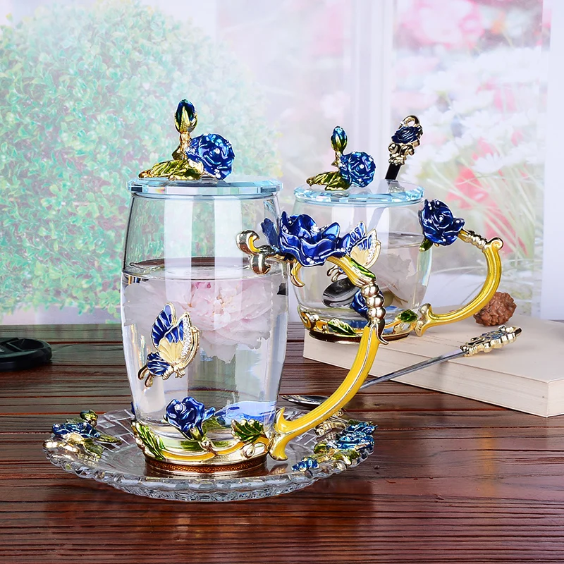 Цвет эмаль Стекло Кофе кружки чашки для чая и с ложка в виде Розы красоты