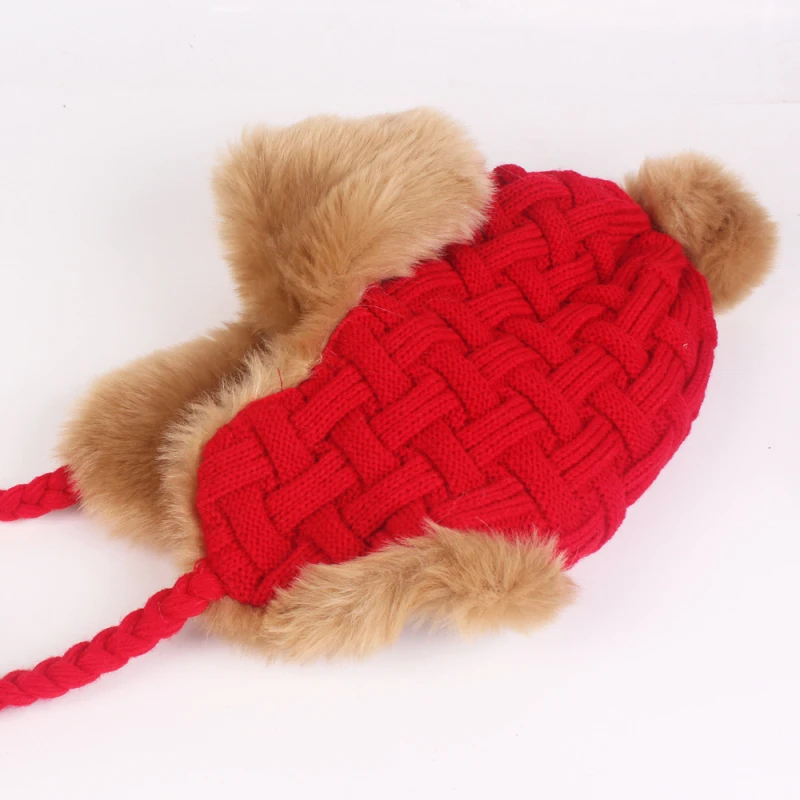 HT2206 Толстая теплая зимняя шапка женская с ушками из кроличьего меха вязаные