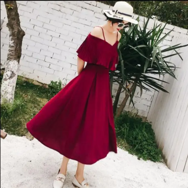 Женское шифоновое платье с открытыми плечами длинное красное высокой талией и