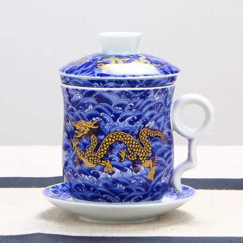 

China Dragon Tea Cup Ceramic Cups and Mugs With Filter Chinese Kung Fu Drinkware Office Home Blue and White Drinking