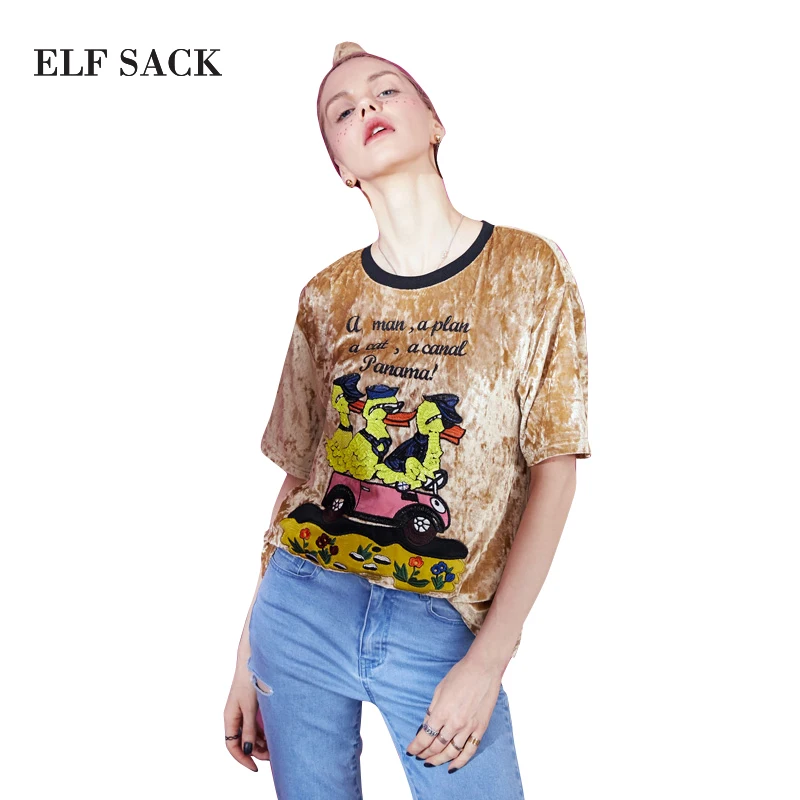 Женские бархатные футболки ELFSACK повседневные велюровые с круглым вырезом и