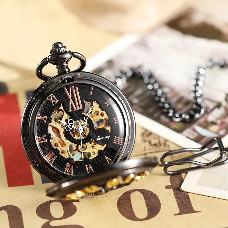 Unique Big Gold Number Hollow Design Mechanical Pocket Watch FOB Chain Black Steel Skeleton Steampunk Pocket Watches Male Clock