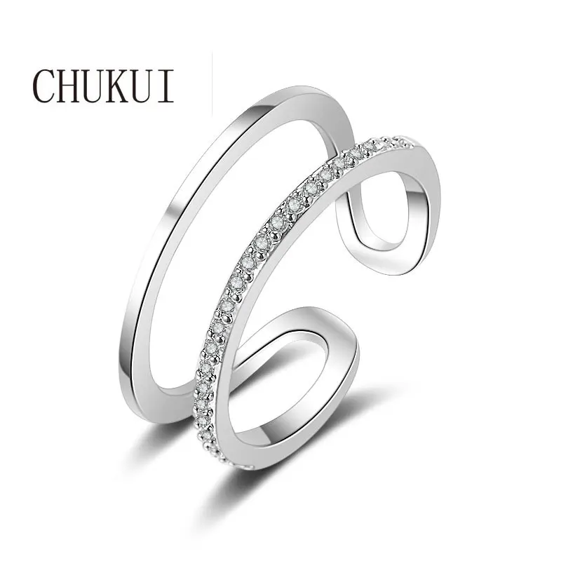 CHUKUI Серебряное CZ открытое широкое регулируемое кольцо двойное многослойное для
