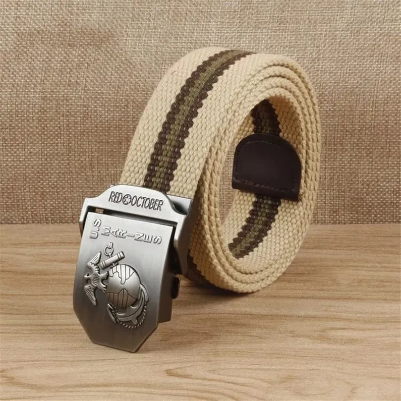 light khaki stripe Морской корпус Мужской холст ремень Автоматическая пряжка Повседневный плетеный пояс Молодежный утолщенный пояс - Цвет: light khaki stripe