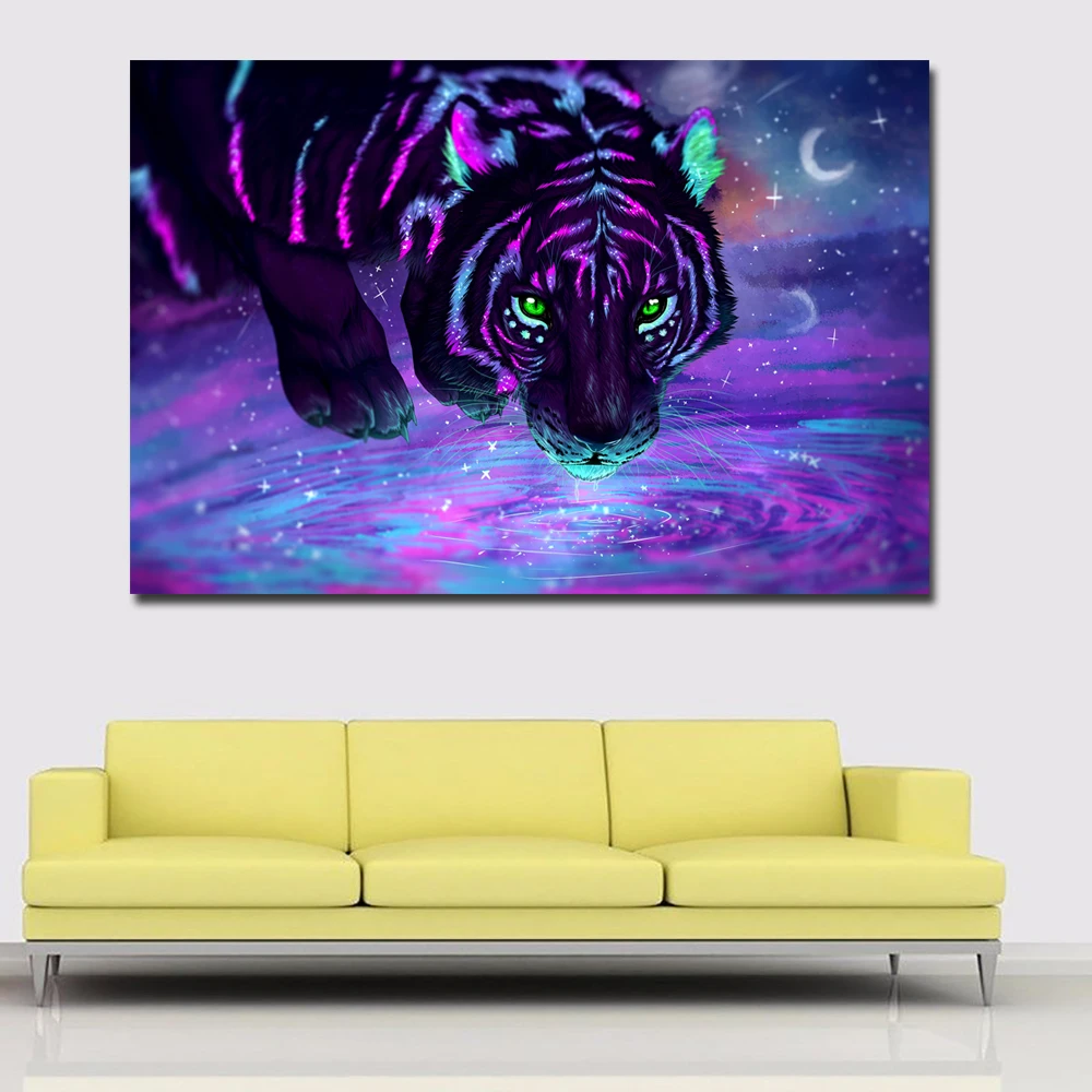 Красочные животных Картина тигра Ночная взгляд напечатаны на постеры печати