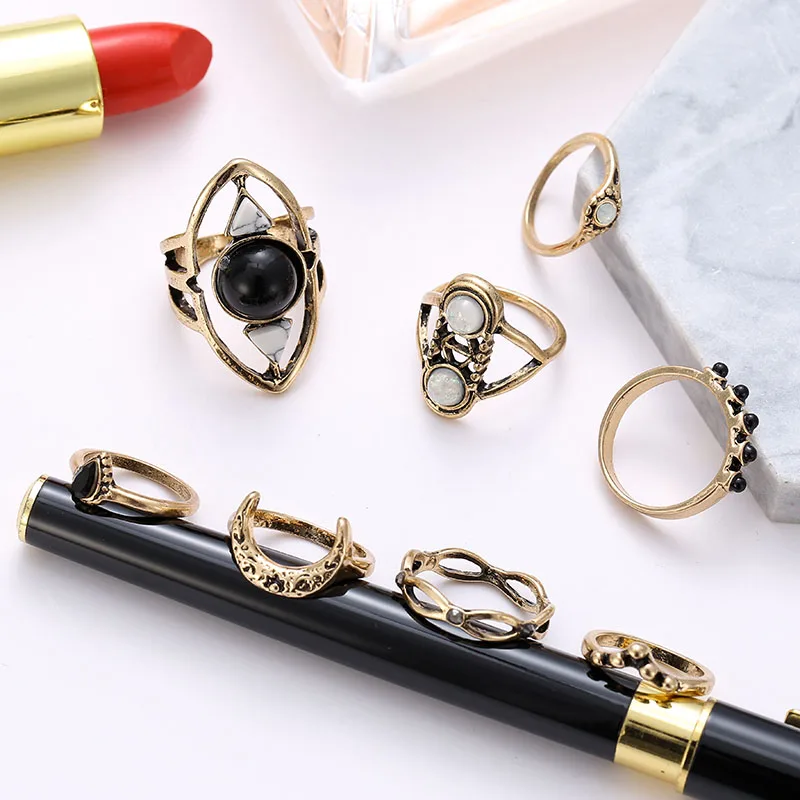 8 Pcs/set Trendy Gold Alloy Metal Geometric Rings For Women 2019 Fashion Vintage Black Resin Rhinestone Ring Set Party Jewelry | Украшения