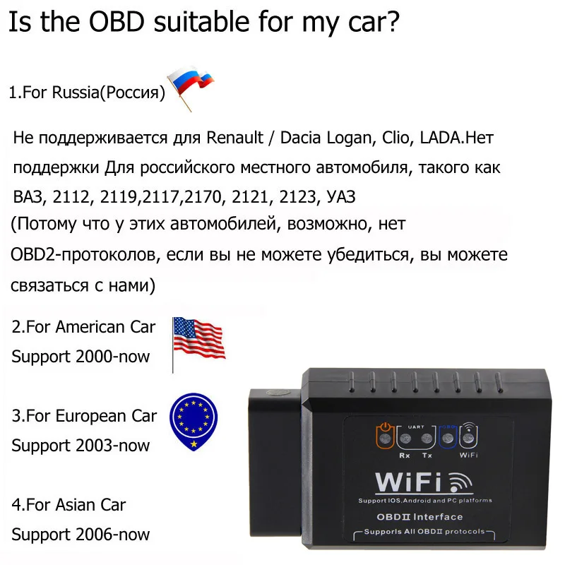 Автомобильный сканер Elm327 V1.5 Wifi OBD2 Диагностика автомобиля OBD 2 Elm 327 Wi Fi