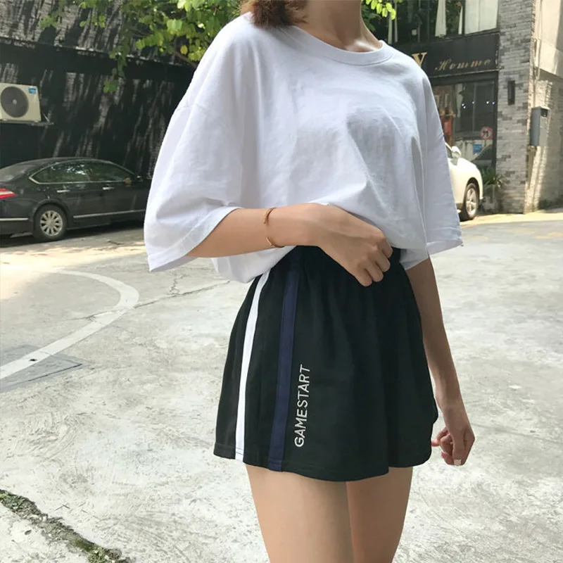 

Side Stripe Embroidery Elastic Waist women Loose Shorts Letters Feminino M-XXL Shorts Female Summer 2020 Black Spodenki Damskie
