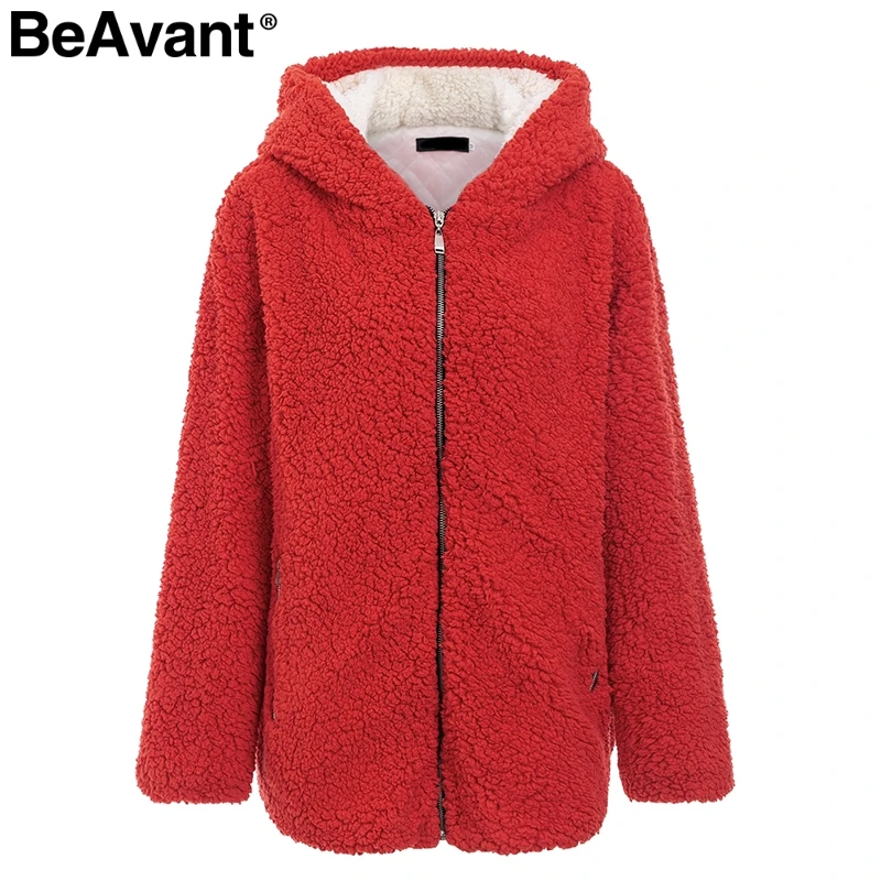 Красный BeAvant Женское пальто из искусственного меха с капюшоном,, повседневная куртка с плюшевым медведем, пальто размера плюс, на молнии, теплая Красная Зимняя куртка, пальто для женщин - Цвет: Красный