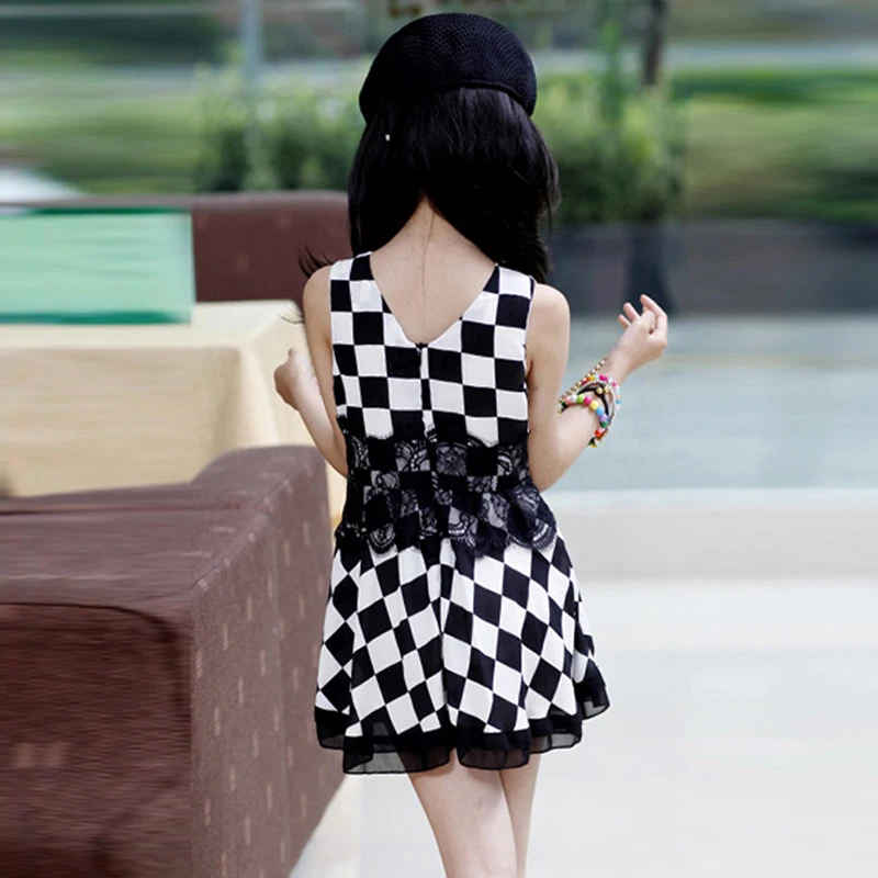 Summer Black White Plaid Lace Vest Girls Dress Princess Pageant Dresses 4-16 Years Children Clothes Kids Party holiday dress | Детская