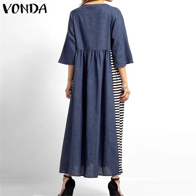 Kaftan Женский Осенний сарафан большого размера VONDA макси длинные платья с коротким рукавом льняные рубашки Платье женское Повседневное платье 5XL