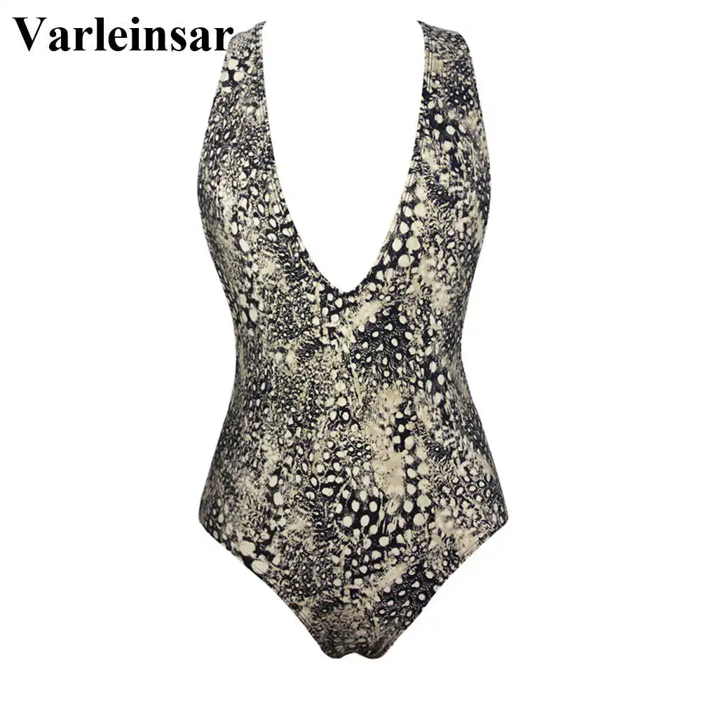 Женский слитный купальный костюм пикантный зеленый коричневый с глубоким V