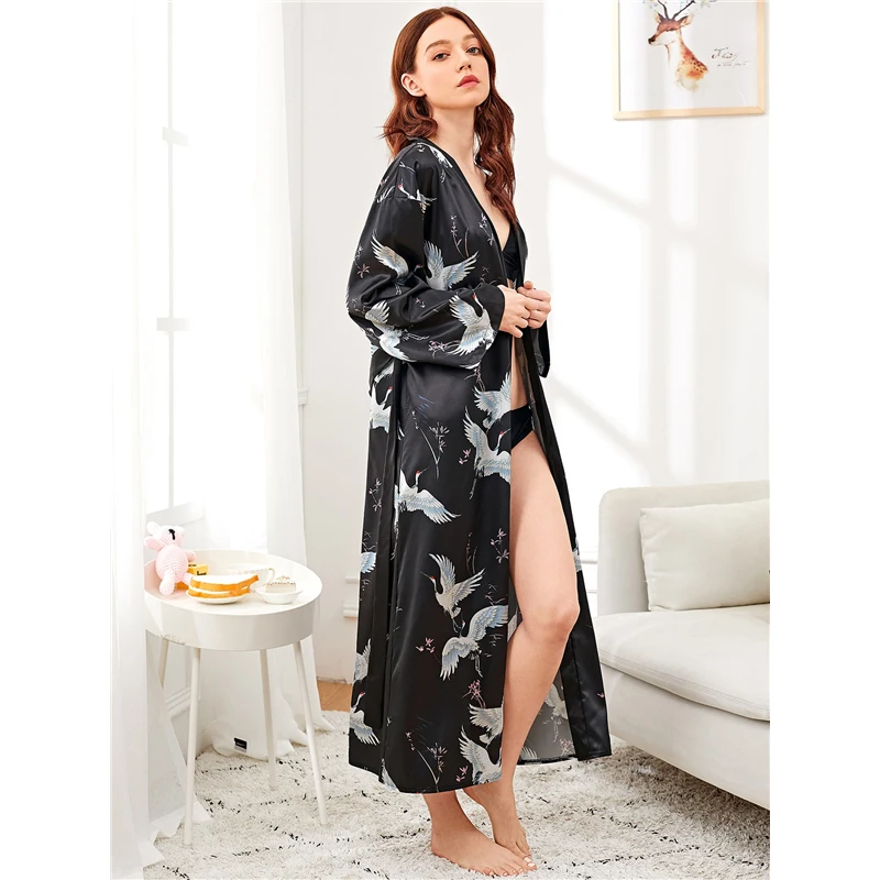 Dotfashion, черный журавль, с атласным поясом, длинный халат для женщин, осень, элегантная одежда для сна, v-образный вырез, длинный рукав, Халат