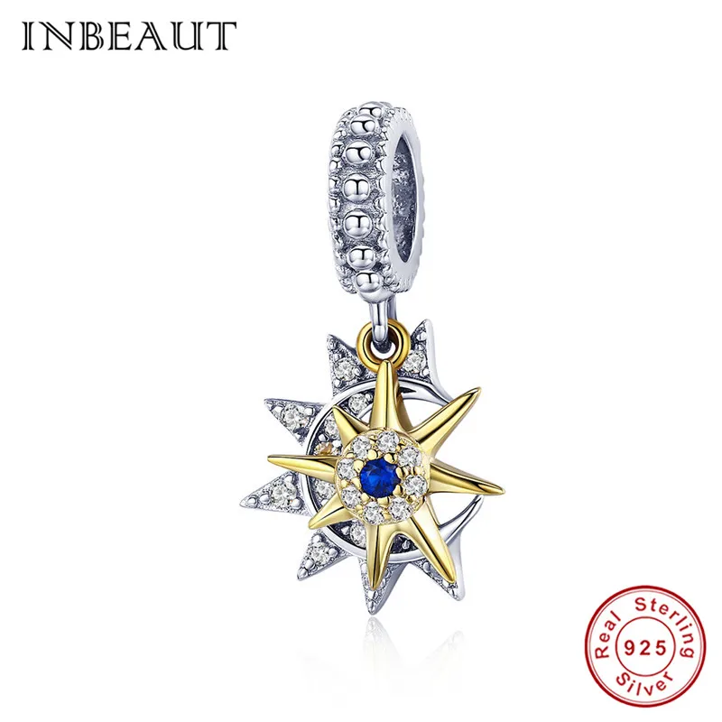 INBEAUT 100% 925 пробы серебряный романтичный со звездой Синий Циркон бусины золотой