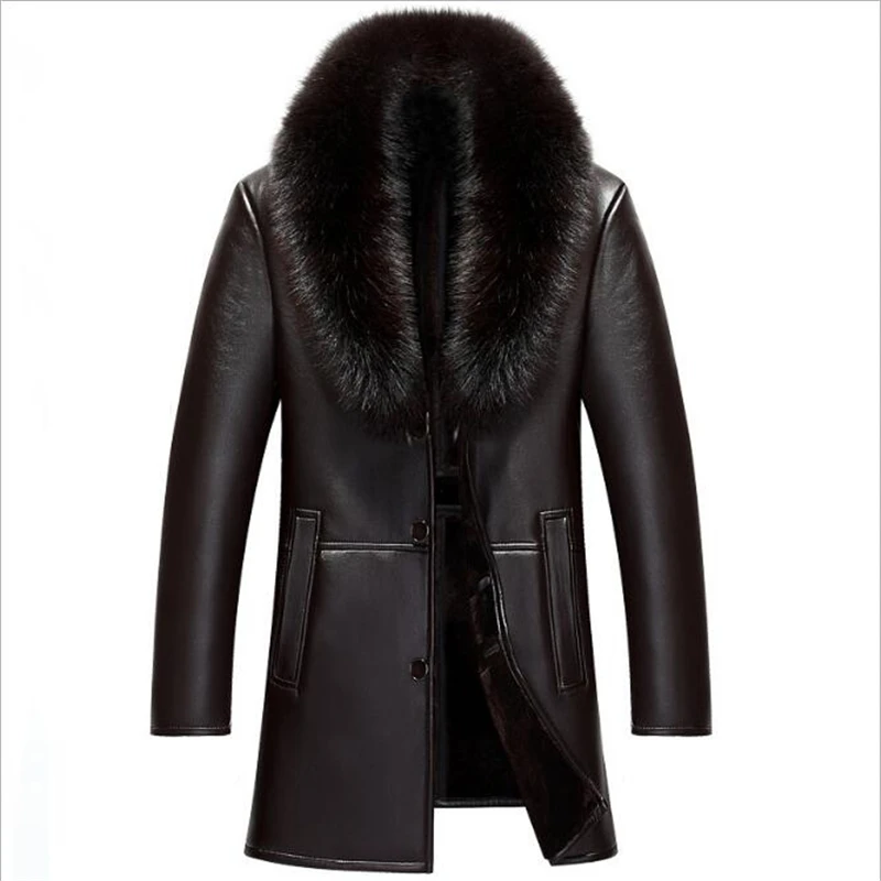 2021 Mens Jacket Middle Aged Male Fox Fur Collar Long Plush And Thick Overcoat Winter Sheepskin Keep Warm Coat Free Shipping | Мужская