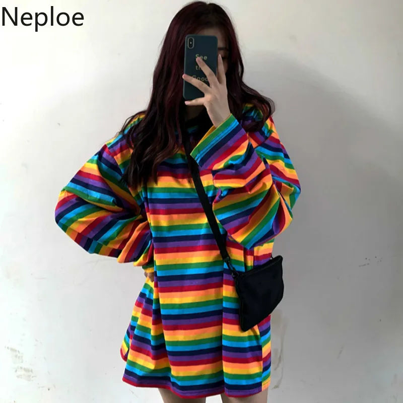 Neploe/Винтажная Футболка для женщин, радужные полосатые рубашки, Harajuku, хип-хоп, уличная, Корейская, длинный рукав, BF, Длинные футболки, топы 39856