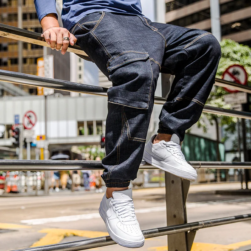 2018 Mens Casual Multi Big Pockets Blue Jeans Distressed Slim Elastic Denim Biker Hip Hop Pants Large Size 30-44 46 | Мужская одежда