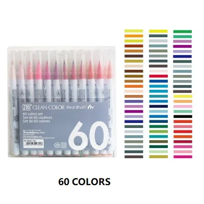 60 colors Kuretake RB-6000AT 4/6/12/24/36/60 цветов зиг-чистый цвет натуральная кожа кисточки с мягкой головкой, акварель кисти мультфильм рисунок пером молни - Цвет: 60 colors