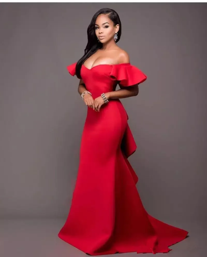 Gorgeous Red Off Shoulder Prom Dress 2019 Satin Backless Mermaid Evening Gown Saudi Arabia Ruched Sweep Train Formal Party | Свадьбы и