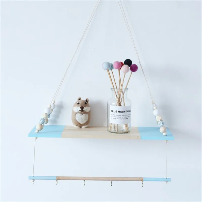 blue wall shelf Настенная полка детская комната качели декоративная настенная полка DIY деревянные бусины полка для хранения Органайзер скандинавские деревянные, подвесные настенная полка домашний декор - Цвет: blue wall shelf