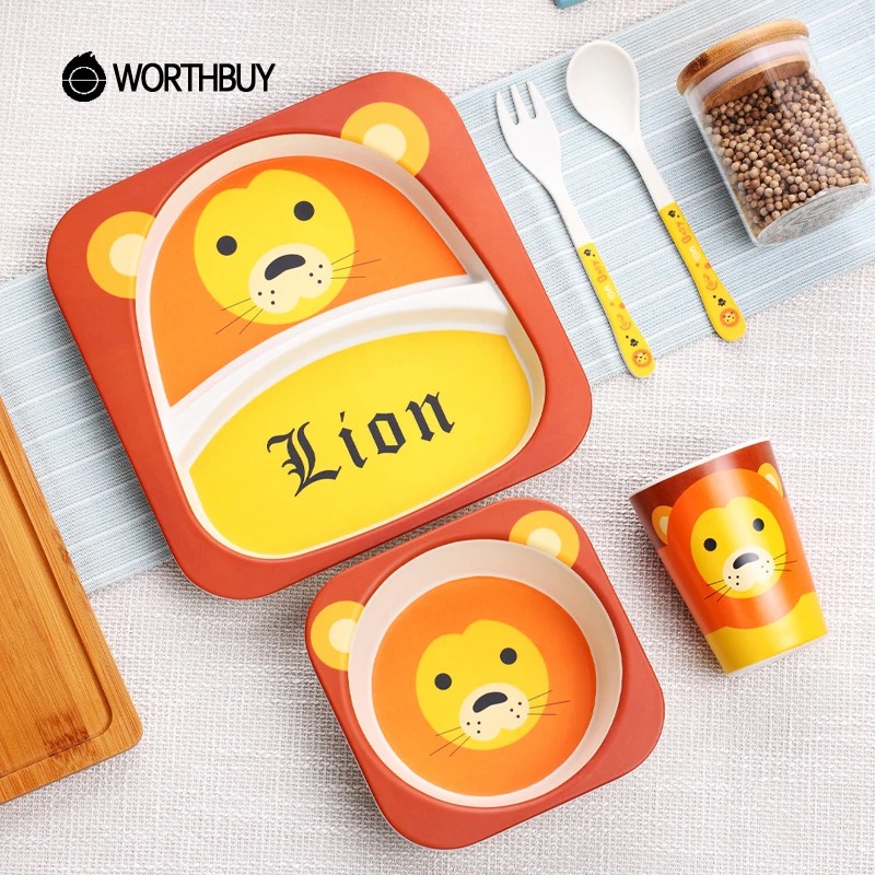 WORTHBUY Cute Cartoon Kids Dinnerware Set Eco-Friendly Bamboo Fiber Dinner Set Children Cutlery For School Picnic Tableware