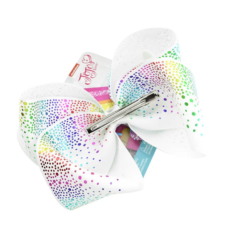 

8 Inch Large Rainbow Bow-knot Print Grosgrain Ribbon Hair Bows with Clip Kids Handmade Rhinestone Hairpins Hair Accessories