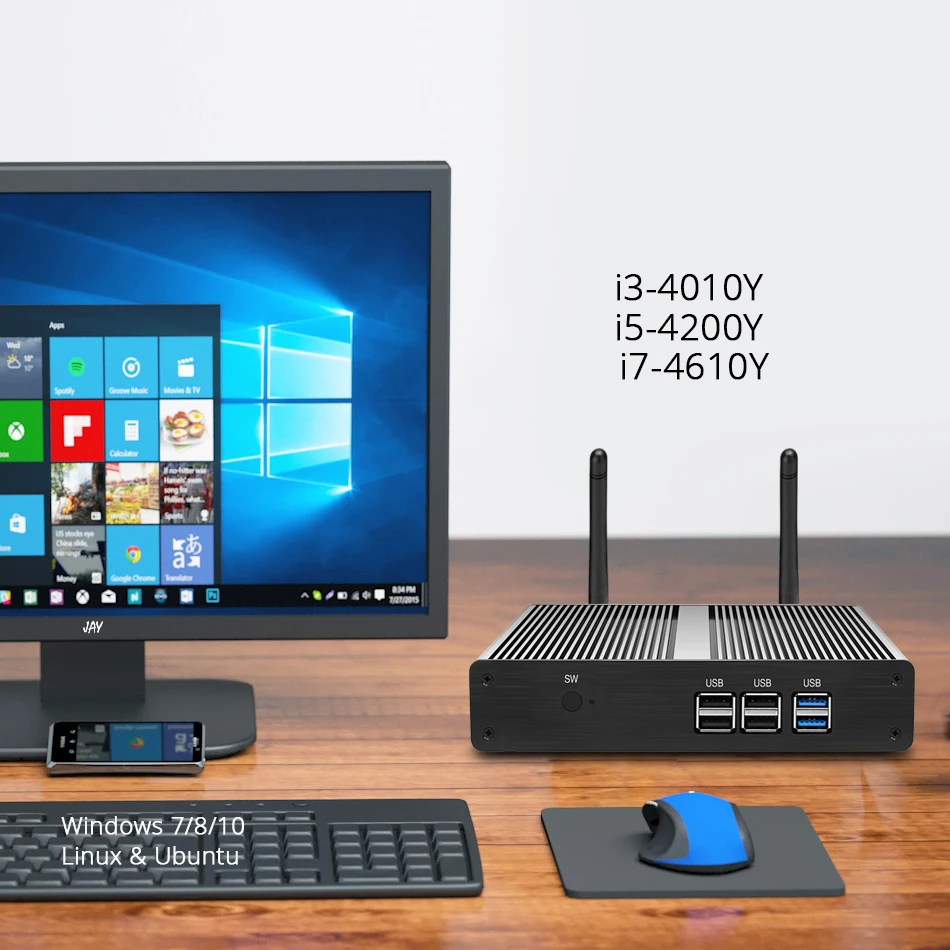 Мини-ПК с Windows 10 Linux Intel Core i3-4010Y i5-4200Y i7-4610Y 8G Оперативная память 240 ГБ SSD 300 Мбит/с Wi-Fi, Gigabit Ethernet HDMI VGA 6* USB