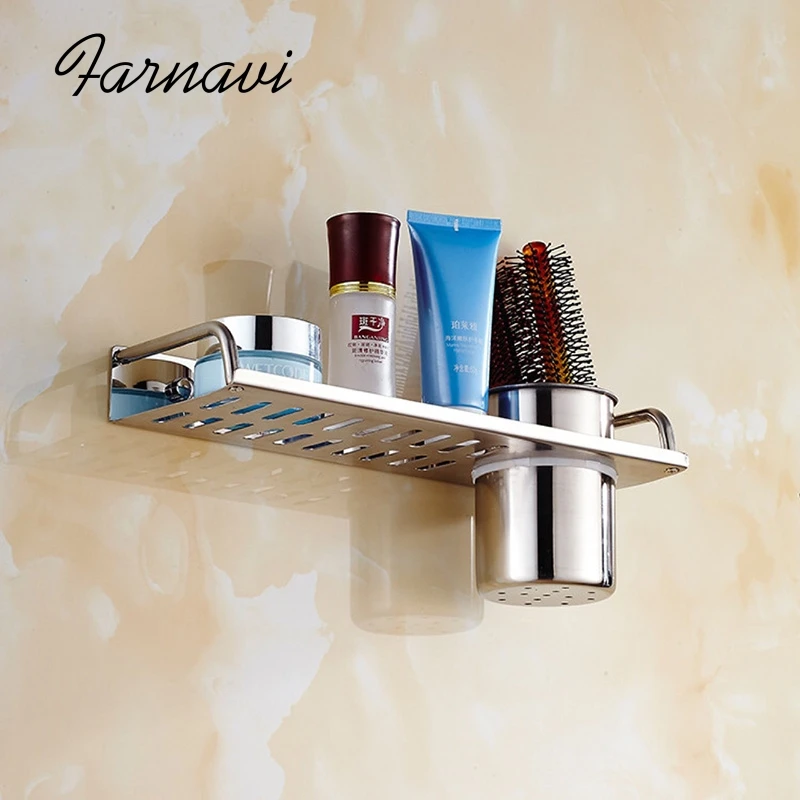 Bathroom Shelf Single Tier Lavatory Cosmetic Shampoo Holders Organizer Wall Mounted Fittings with Cup Holder | Обустройство дома