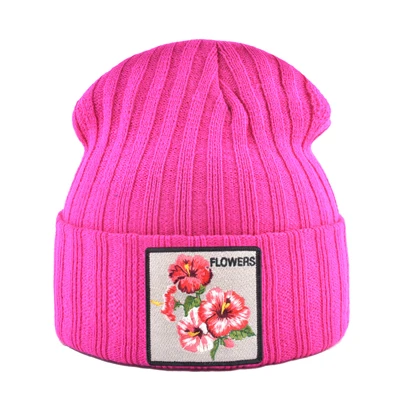 Женская шапка с цветочной нашивкой, осенне-зимние вязаные шапки Skullies, женские зимние мягкие двухслойные вязаный капот, мужские шапки Gorras - Цвет: Pink