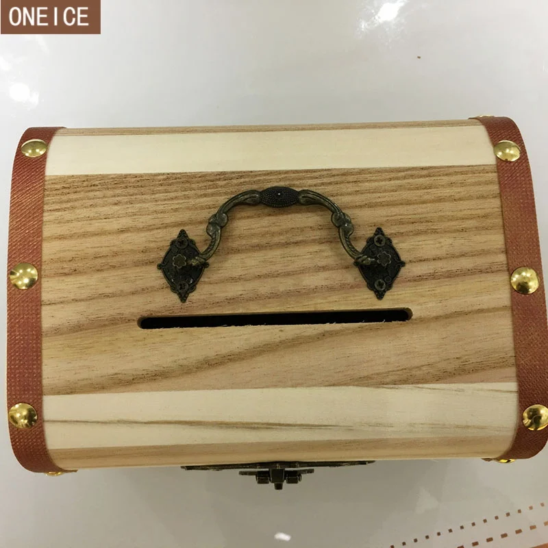 

Retro piggy bank Solid wood password copper lock Children's coin box large capacity banknotes and coin safe storage money box