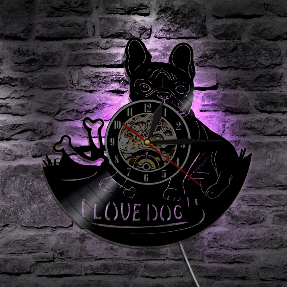 1 шт I Love Dog Французский бульдог дом животное виниловая запись настенные часы домашнее животное щенок животные настенные часы художественные часы подарок для украшения дома