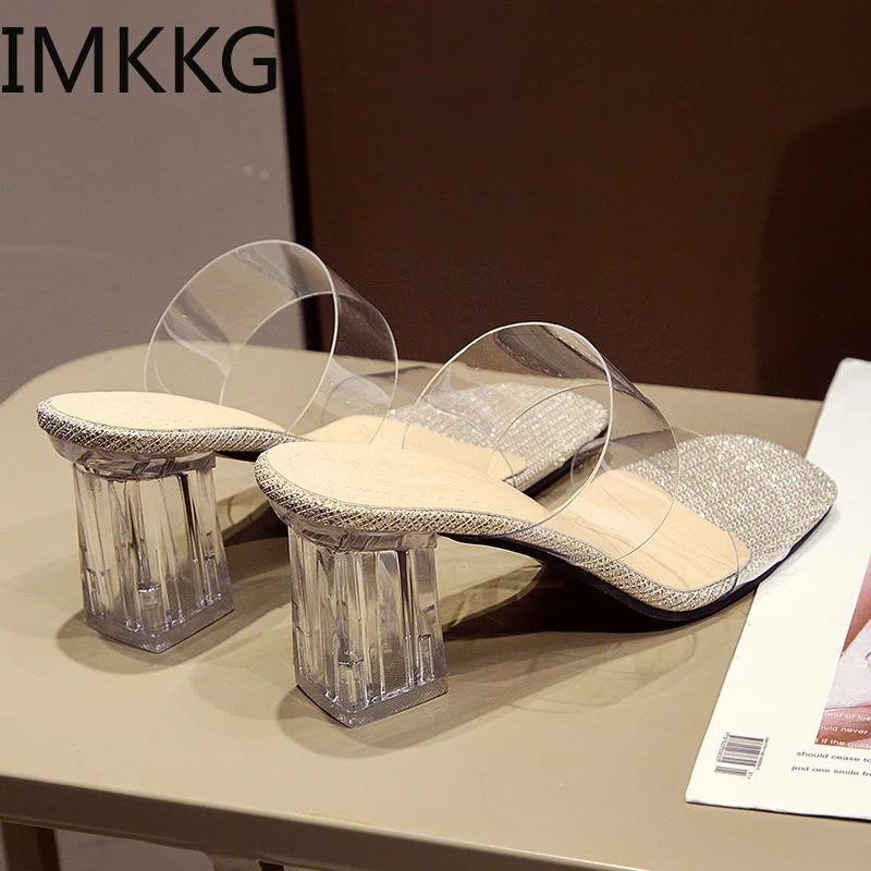 Новые летние прозрачные тапочки женская обувь женские на квадратном высоком