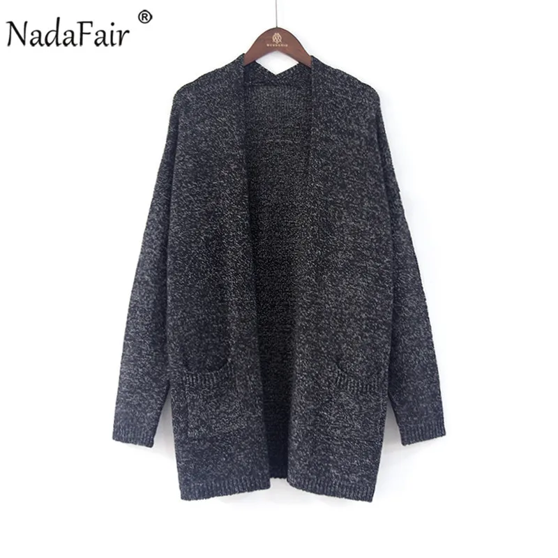 Nadafair S-5XL размера плюс повседневные длинные кардиганы Женская зимняя одежда с карманами Свободный длинный вязаный свитер пальто pull femme hiver