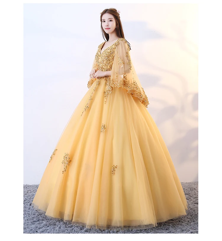 Quinceanera платье золотистого цвета кружевное Пышное фатиновое с аппликацией из