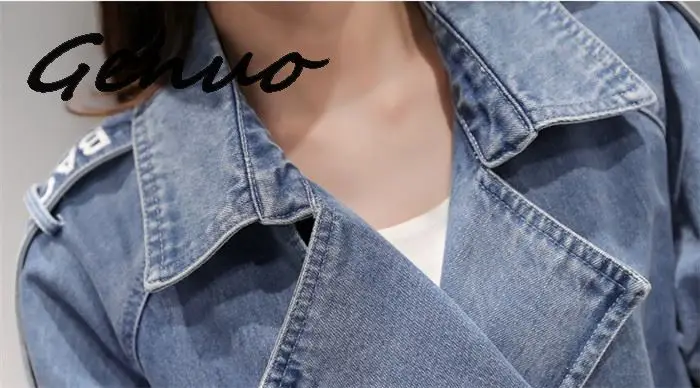 Women's Trench Coat spring Waist Denim Windbreaker Fashion Full Sleeve Outwear Printed Female Long Denim Coat Loose Big Size