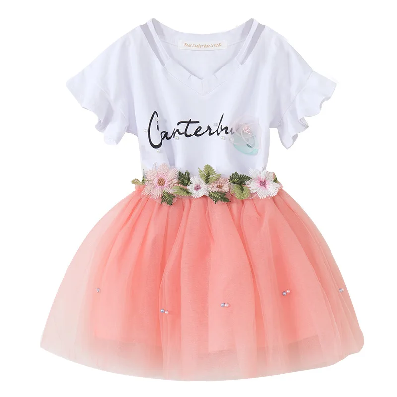 2019 Набор детских нарядов для девочки/белая футболка + юбка с цветочной вышивкой |