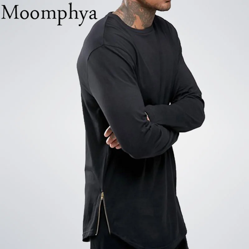 

Moomphya 2021 New Fashion Street Wear T Shirt Men Extend Swag Side Zip TShirt Super Longline Long Sleeve T-Shirt With Curve Hem