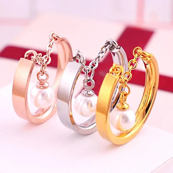 Fashion Rotating Pearl Ring Female Personality Trend Rose Gold Titanium Steel Jewelry love rings for women gift | Украшения и