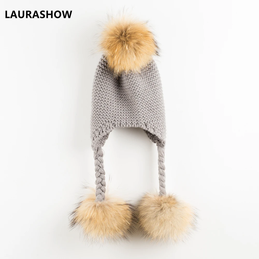 Lavashow/Зимняя Детская кепка с помпонами из натурального меха норки и енота, Детская вязаная теплая шапка для мальчиков и девочек, детские вязаные шапочки шерстяные