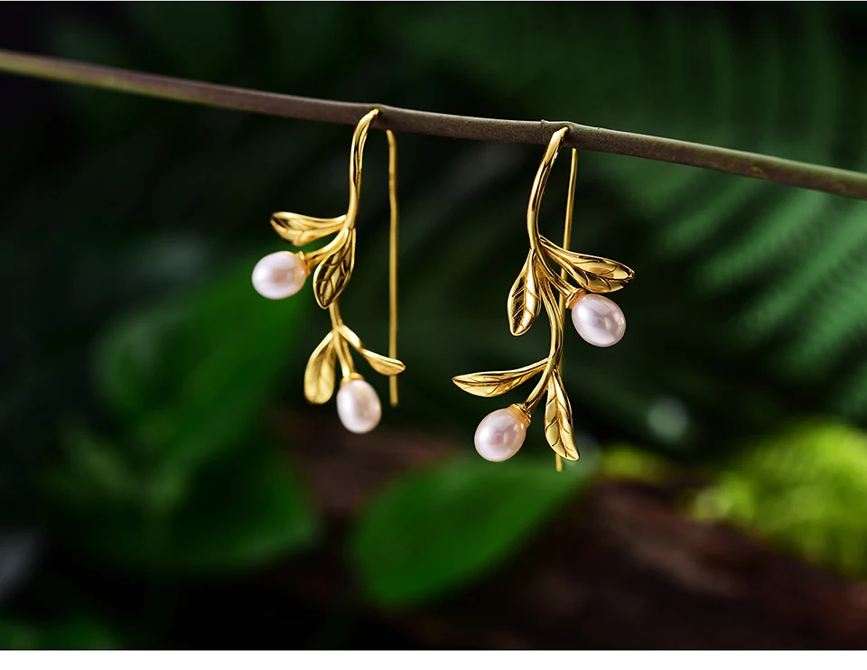 Lotus весело момент Настоящее стерлингового серебра 925 натуральный пресноводный жемчуг Модные украшения капли воды из листьев серьги для Для женщин