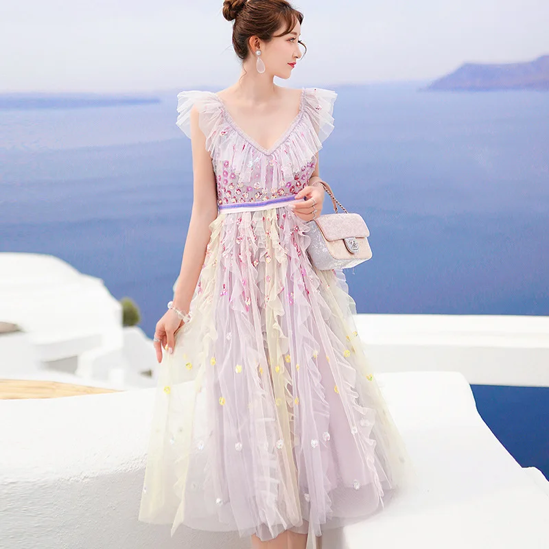 Платье женское длинное Плиссированное с оборками сетчатый пляжный сарафан для