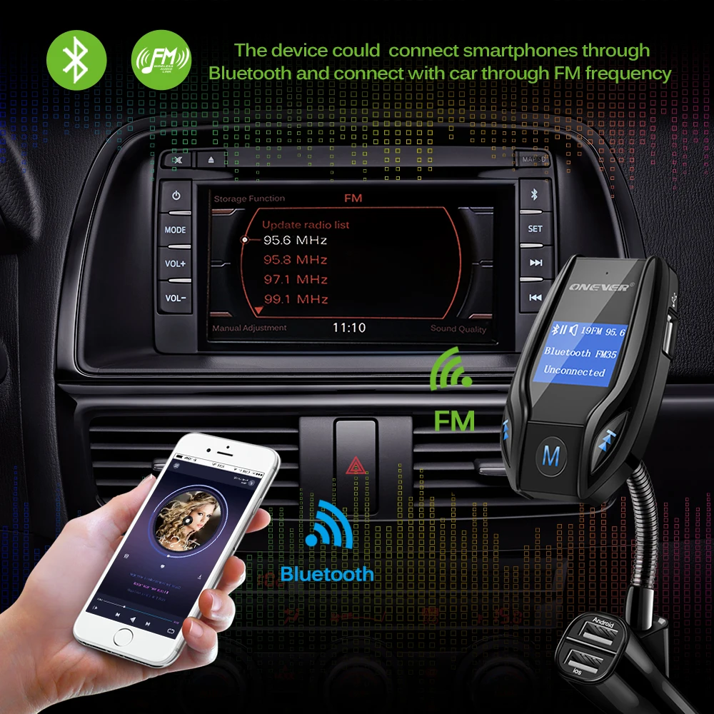 Автомобильный FM трансмиттер Onever Bluetooth MP3 плеер с двумя USB портами|fm transmitter|fm modulatormp3