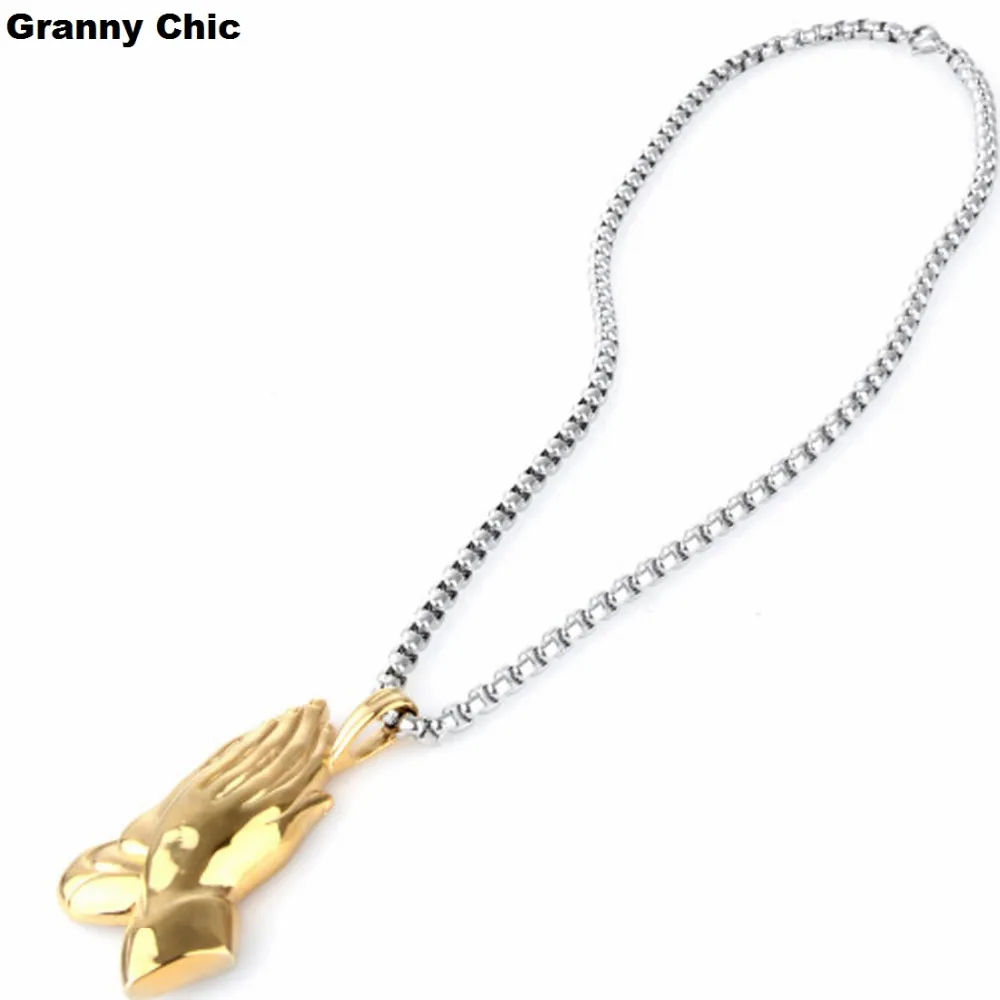 Granny Chic Mens Jewelry Yellow Gold Stainless Steel Prayer Palm Religious Pendant Box Necklace | Украшения и аксессуары