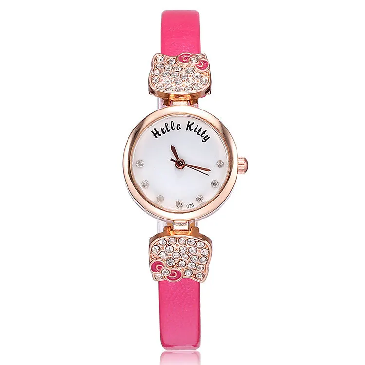Cute hello kitty leather strap woman watches 2015 quartz fashion analog rose gold plated charm rhinestone watch ladies 5 colors | Наручные